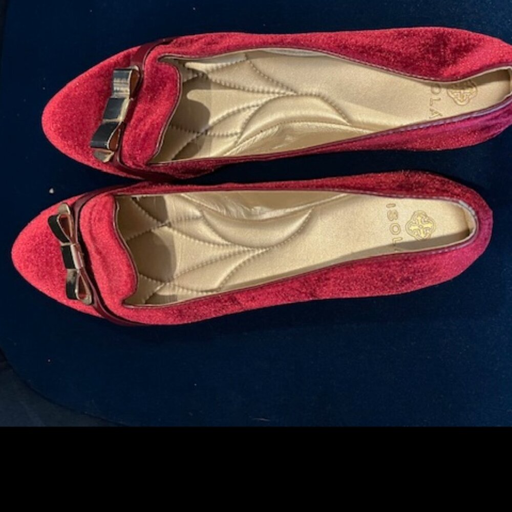 ISOLA Red Velvet Dress Flats with Gold Bows for Women